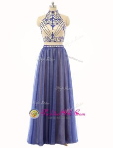 Graceful Tulle High-neck Sleeveless Zipper Beading in Blue