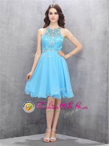High Class Scoop Blue Chiffon Criss Cross Prom Party Dress Sleeveless Knee Length Beading