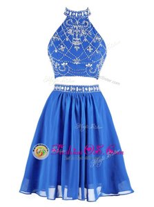 Blue A-line Chiffon High-neck Sleeveless Beading Mini Length Zipper Oscars Dresses