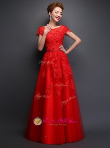 Scoop Floor Length A-line Cap Sleeves Red Prom Dress Lace Up