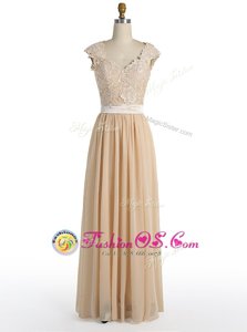 V-neck Cap Sleeves Prom Dress Floor Length Lace Champagne Chiffon