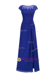 Pretty Scoop Floor Length Royal Blue Prom Dresses Chiffon Cap Sleeves Appliques