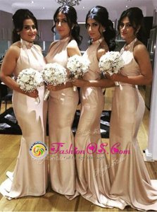 Gorgeous Mermaid Halter Top Ruching Prom Dresses Champagne Backless Sleeveless Brush Train