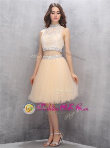 Fashionable Tulle High-neck Sleeveless Zipper Beading and Embroidery Prom Dress in Champagne