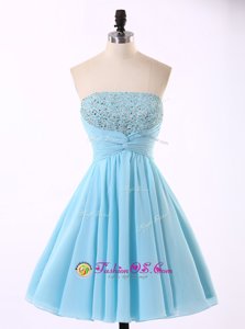 Low Price Sleeveless Mini Length Beading and Sequins and Ruching Zipper Evening Dress with Blue