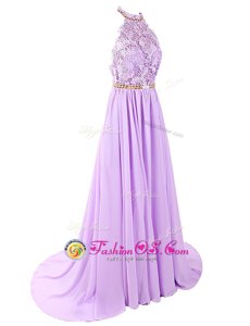 Lovely Lavender Backless Lace Prom Evening Gown Brush Train Sleeveless