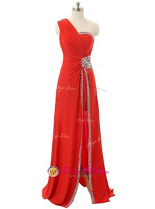 Vintage Red Evening Gowns Prom and Party and For with Beading and Ruching One Shoulder Sleeveless Zipper