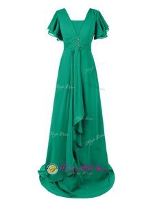 Short Sleeves Chiffon With Train Sweep Train Zipper Dress for Prom in Green for with Beading and Ruching