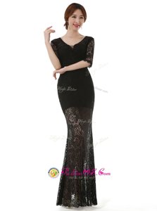 Black Scoop Zipper Lace Prom Dresses Half Sleeves