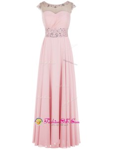 Baby Pink A-line Scoop Sleeveless Chiffon Floor Length Zipper Beading Prom Party Dress