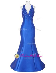 Halter Top Royal Blue Mermaid Beading Oscars Dresses Lace Up Satin Sleeveless Floor Length