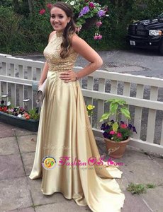 Sequins Gold Dress for Prom High-neck Sleeveless Brush Train Zipper