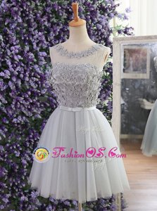 Customized Scoop Mini Length Lace Up Cocktail Dresses Grey and In for Prom with Appliques