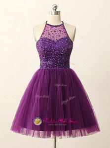 Top Selling Sequins A-line Cocktail Dresses Purple Halter Top Tulle Sleeveless Mini Length Zipper