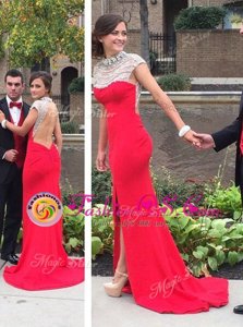 Fabulous Chiffon High-neck Cap Sleeves Court Train Backless Beading Prom Party Dress in Coral Red