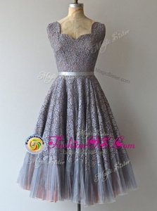 Colorful Square Lace Belt Prom Dresses Grey Zipper Sleeveless Knee Length