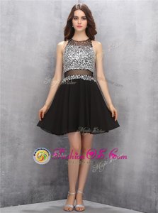 Scoop Black A-line Beading Celebrity Evening Dresses Zipper Chiffon Sleeveless Knee Length