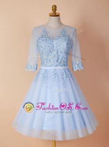 Fantastic Scoop Backless Knee Length Light Blue Prom Dresses Organza Half Sleeves Appliques