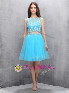 Fitting Scoop Sleeveless Organza Prom Evening Gown Beading Backless