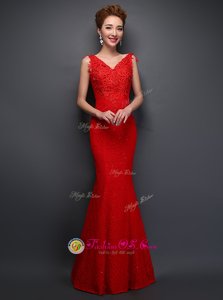 Mermaid Sleeveless Lace Floor Length Lace Up Prom Evening Gown in Red for with Beading and Appliques
