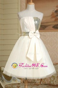 Fancy Champagne Lace Up Strapless Sequins and Bowknot Dress for Prom Satin Sleeveless