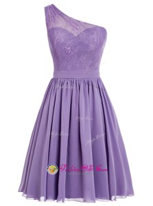 Deluxe Lavender A-line One Shoulder Sleeveless Chiffon Ankle Length Side Zipper Appliques Prom Dresses