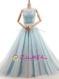 Unique Scoop Sleeveless Prom Party Dress With Train Court Train Beading Light Blue Tulle