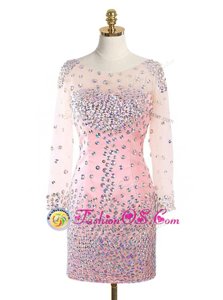 Pink Column/Sheath Scoop Long Sleeves Elastic Woven Satin Mini Length Zipper Beading Cocktail Dresses