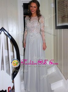 Long Sleeves Floor Length Backless Mother Of The Bride Dress Grey and In for Prom and Party with Appliques