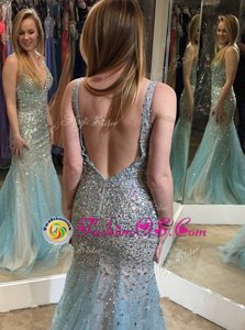 Mermaid Backless Floor Length Multi-color Dress for Prom Tulle Sleeveless Beading