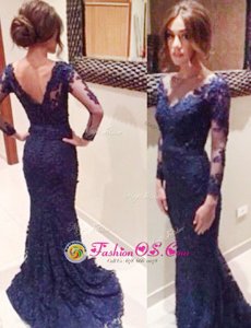 Captivating Navy Blue Mermaid V-neck Long Sleeves Lace Court Train Backless Lace Prom Dresses