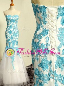 Stunning Mermaid Floor Length Blue and Blue And White Tulle Sleeveless Appliques
