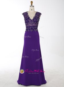 Mermaid Chiffon V-neck Sleeveless Brush Train Zipper Beading Dress for Prom in Purple