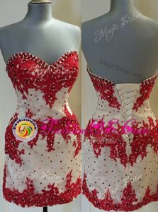 Enchanting White And Red Lace Up Club Wear Appliques Sleeveless Mini Length