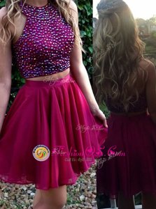 Scoop Fuchsia Sleeveless Beading Mini Length Cocktail Dress