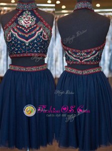 Enchanting Sleeveless Organza Knee Length Zipper Prom Dress in Navy Blue for with Embroidery
