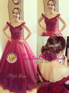 Off the Shoulder Floor Length A-line Sleeveless Fuchsia Dress for Prom Lace Up