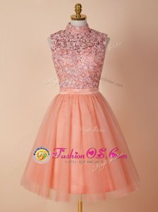 Peach Backless Prom Dress Appliques Sleeveless Knee Length