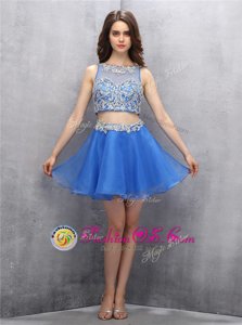 Flirting Blue Two Pieces Organza Scoop Sleeveless Beading Mini Length Zipper Club Wear