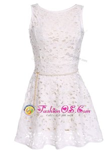 Scoop White Sleeveless Lace Zipper Prom Dress for Party