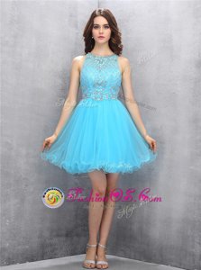 Fine Scoop Beading Prom Evening Gown Baby Blue Zipper Sleeveless Knee Length