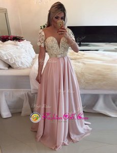Luxurious A-line Homecoming Dress Pink Scoop Chiffon Short Sleeves Floor Length Zipper
