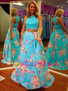 Cheap Halter Top Floor Length Zipper Prom Gown Blue and In for Prom with Beading and Appliques and Pattern