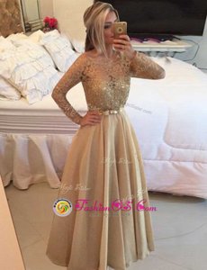 Beautiful Long Sleeves Chiffon Floor Length Zipper Evening Dress in Champagne for with Beading and Lace