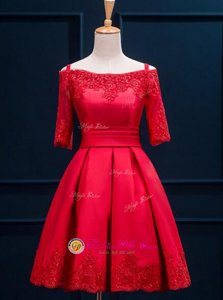 Elegant Off the Shoulder Half Sleeves Appliques and Pleated Lace Up Prom Evening Gown