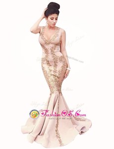 Edgy Mermaid Scoop Peach Sleeveless Brush Train Beading With Train Prom Party Dress