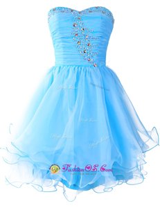 Nice Baby Blue A-line Beading Dress for Prom Lace Up Organza Sleeveless Mini Length