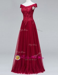 Trendy Wine Red Zipper V-neck Lace Prom Dress Tulle Short Sleeves