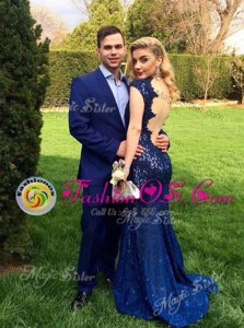 Chic Mermaid Lace Prom Gown Navy Blue Backless Cap Sleeves Floor Length