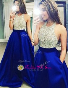 Best Halter Top Royal Blue Sleeveless Floor Length Beading Backless Prom Dress